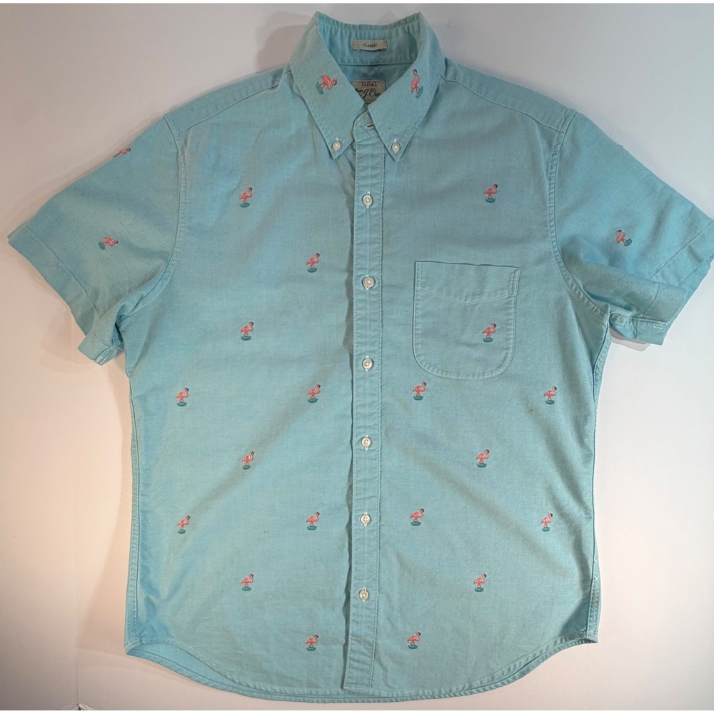 J.Crew Mens Medium Blue Flamingo Oxford Short Sleeve Button Down Shirt Classic